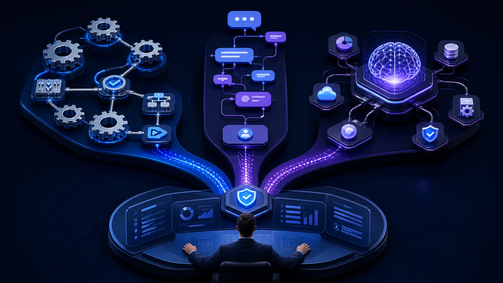 Comparação visual entre automação tradicional, chatbot e agente de IA