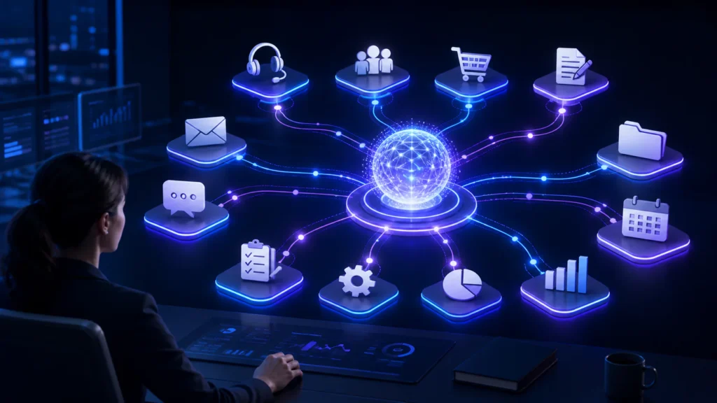 Fluxo de automação com IA conectando atendimento, vendas, operação e CRM