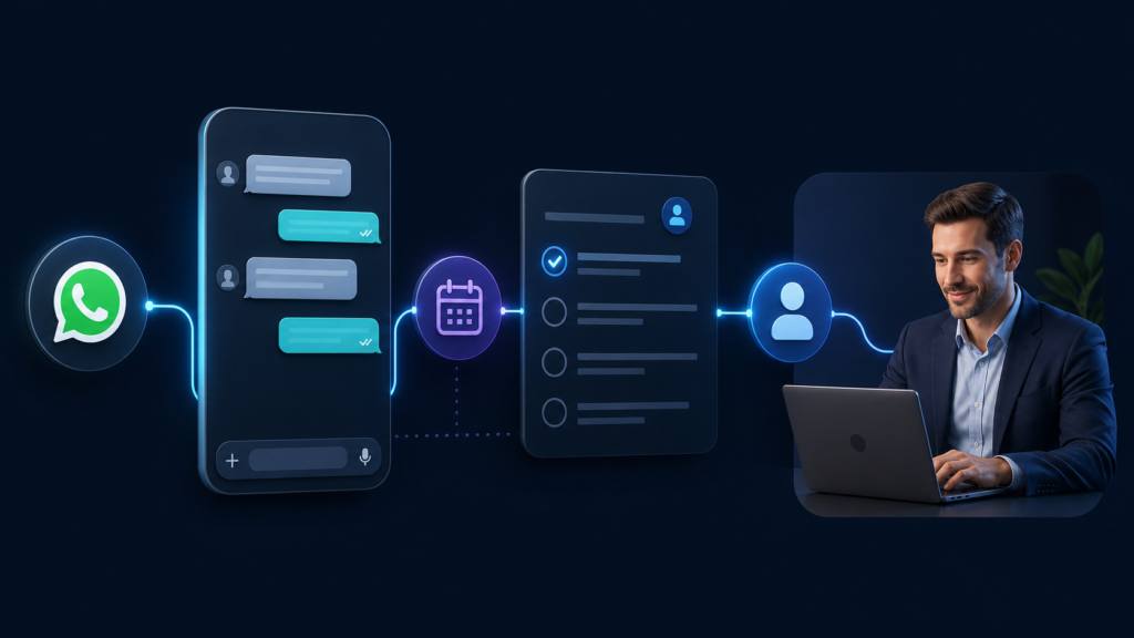Fluxo de follow-up comercial conectando WhatsApp, agenda, CRM e atendimento humano
