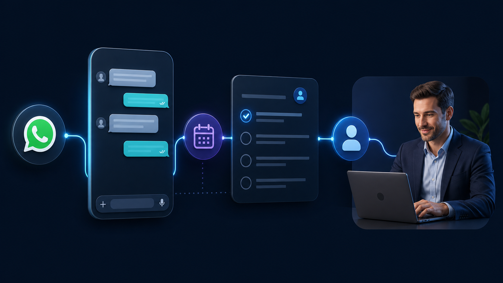 Fluxo de follow-up comercial conectando WhatsApp, agenda, CRM e atendimento humano