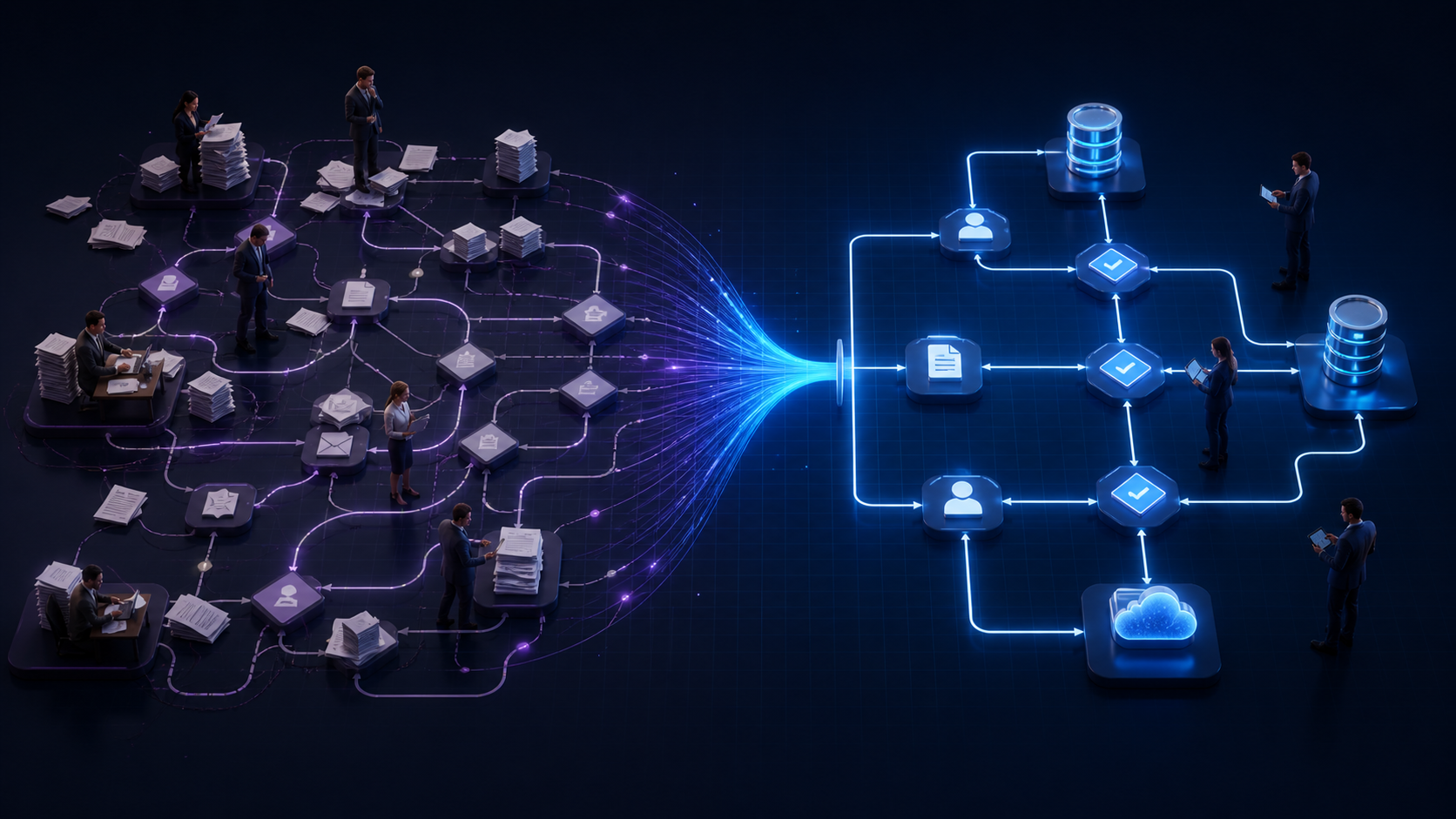 Fluxo empresarial atual sendo organizado em um processo automatizado com etapas, pessoas, documentos e sistemas