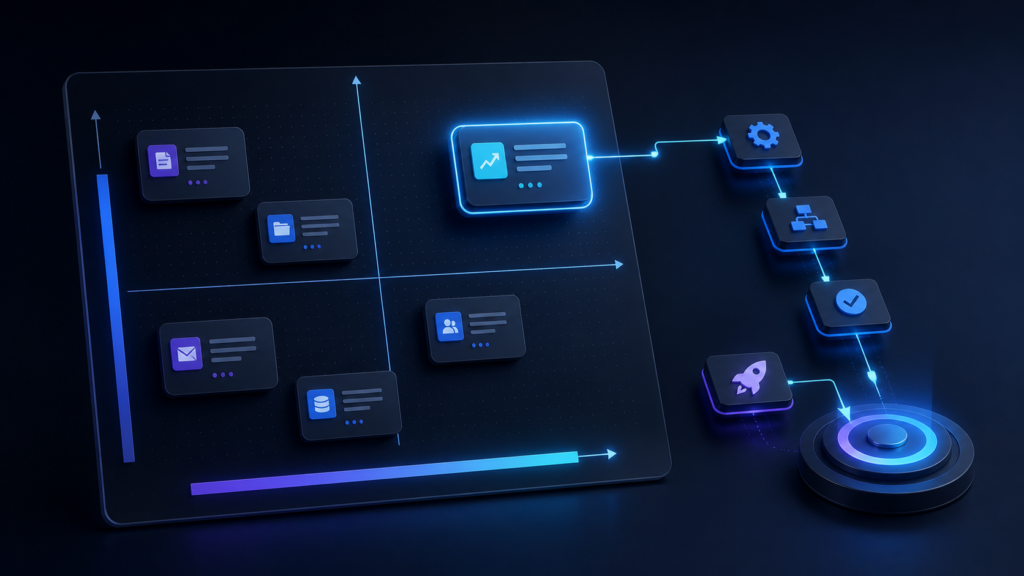 Matriz de impacto e esforço priorizando o primeiro processo empresarial para automatizar com IA