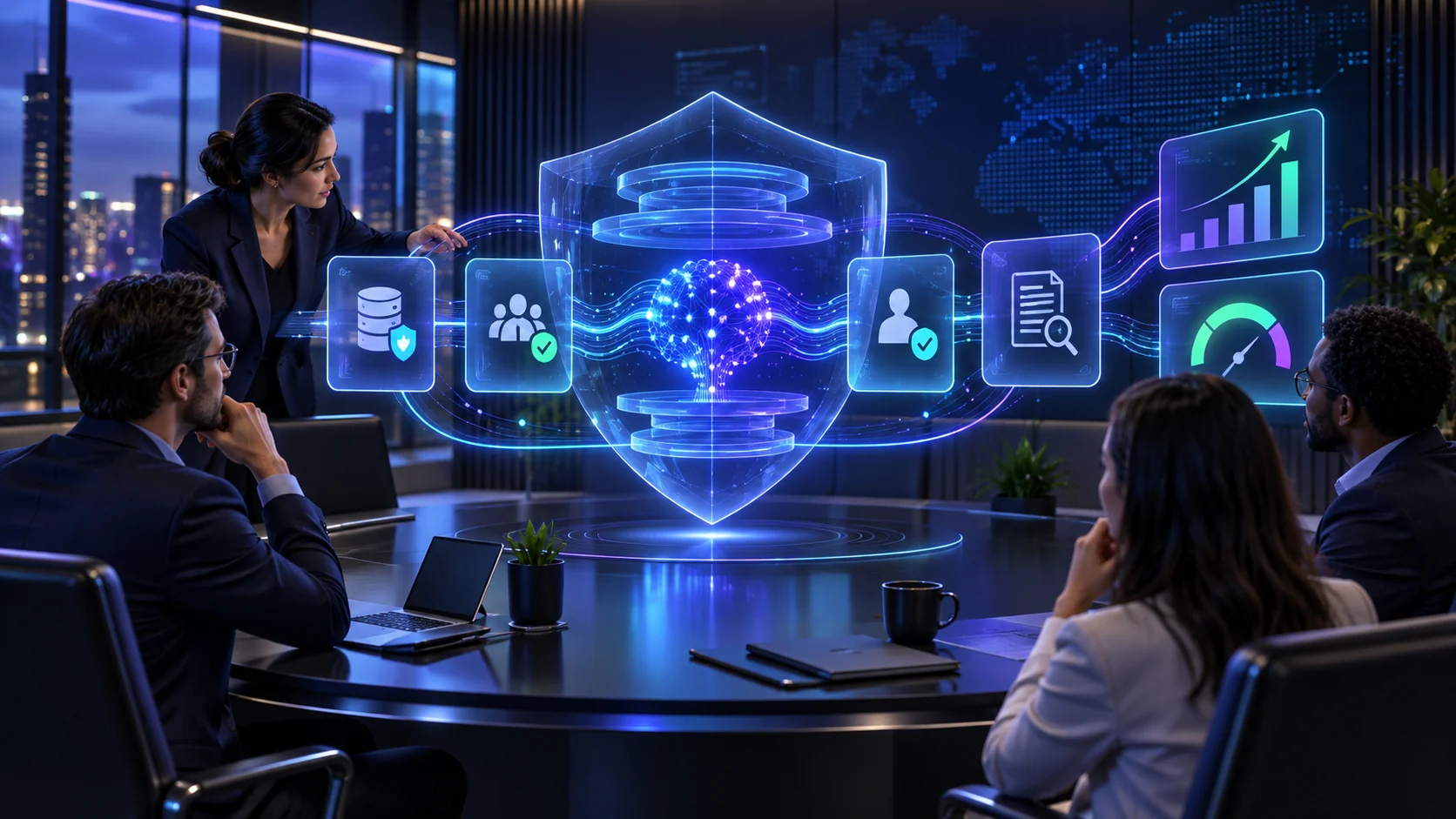 Equipe empresarial acompanhando controles de dados, acesso, aprovação, auditoria e indicadores de um sistema de IA